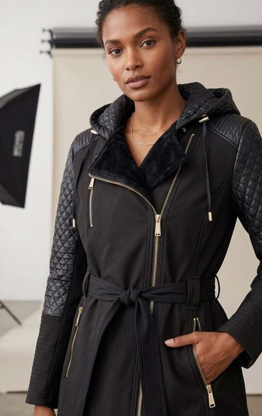 Michael Kors Women's Asymmetrical Soft Shell Belted Moto Jacket with Quilted Sle